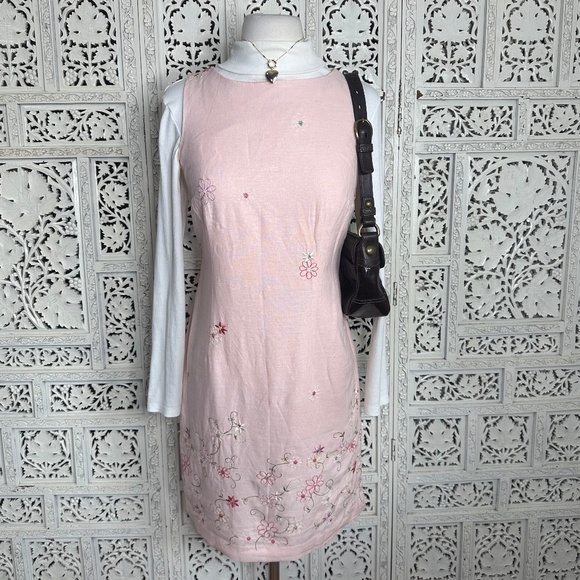 Vintage Light Pink Floral Embroidered Linen Blend Sleeveless Dress Sz Small - Picture 1 of 7
